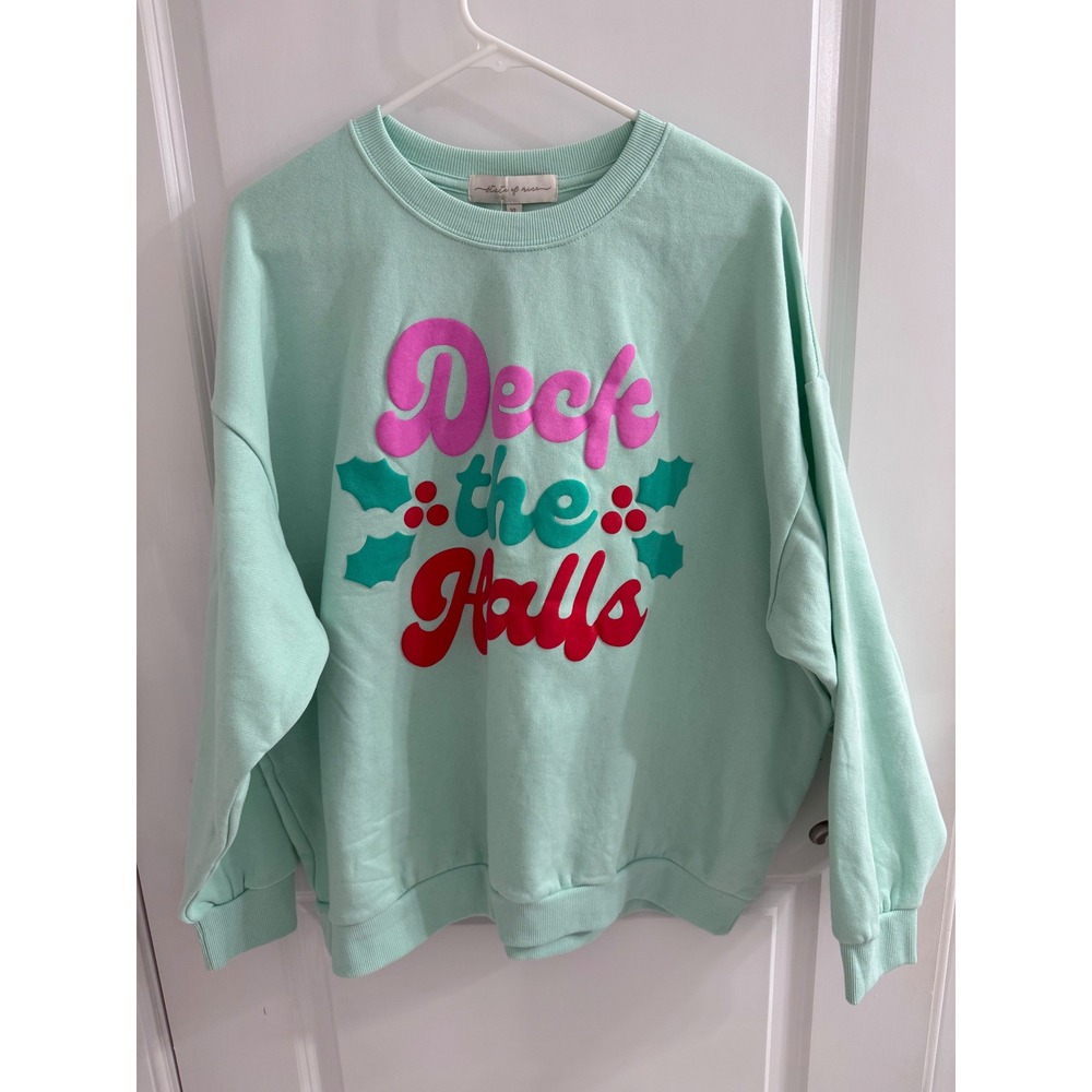 State of Mine Deck the Halls Christmas Sweatshirt Mint Green XL New